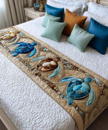 Island Turtle Joy Quilted Bed Runner — Tropical Coastal Accent With Cheerful Colors, Soft Cotton-Blend, Reversible For Versatile Styling