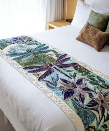 Jewelwing Garden Quilted Bed Runner – Vibrant Floral & Butterfly Design, Rich Quilting For Bohemian Bedrooms, Sofa & Bench Accent Piece