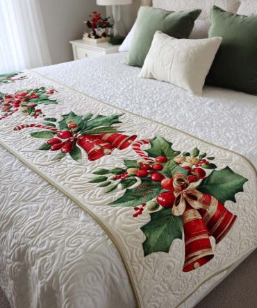 Jingle Bells Holiday Quilted Bed Runner - Festive Christmas Bedding Accent, Plush Quilted Throw For Foot Of Bed, Seasonal Decor