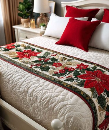 Jingle Berry Bliss Quilted Bed Runner — Festive Berry & Bell Holiday Decorative Throw, Quilted Bed Accent For Cheerful Seasonal Styling, Soft & Easy-Care