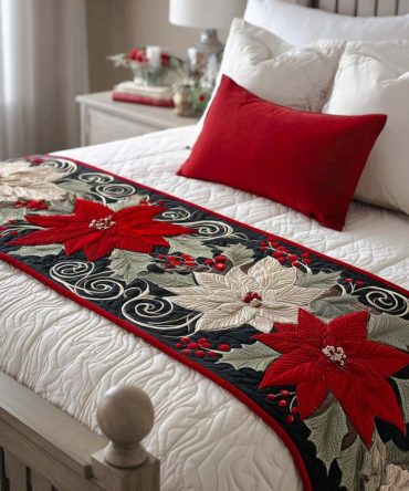 Jingle Glow Festive Quilted Bed Scarf - Shimmering Holiday Bed Runner With Metallic Accents, Gift-Ready Seasonal Throw