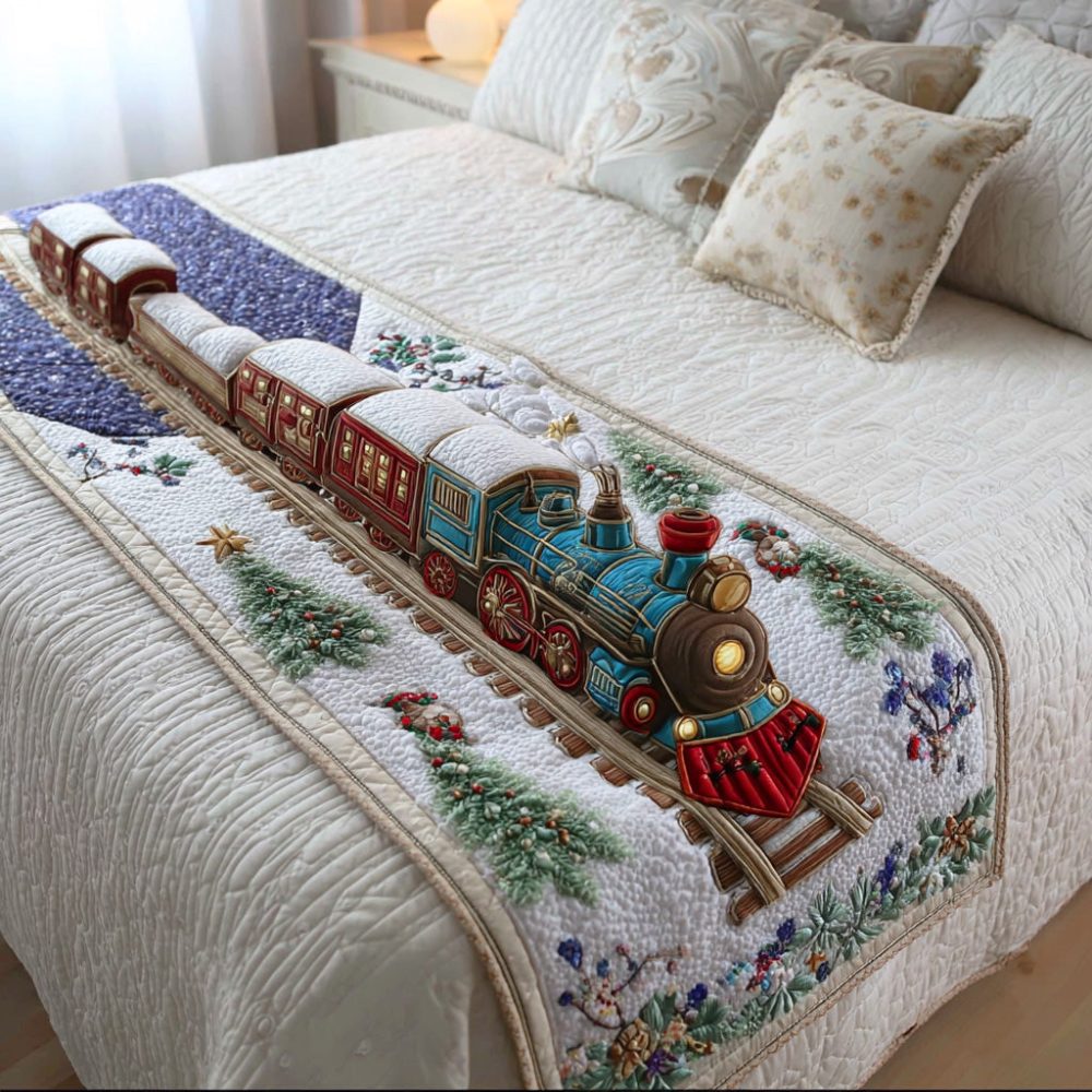 Jingle Rail Route Quilted Bed Runner – Festive Jingle Train Bed Scarf For Holiday Decorating , Cozy Quilted Throw For Seasonal Cheer