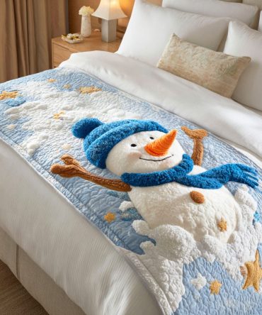 Cheerful Snowman Quilted Bed Scarf — Playful Jolly Snowman Design, Cozy Winter Decorative Runner For Beds, Reversible & Easy Care