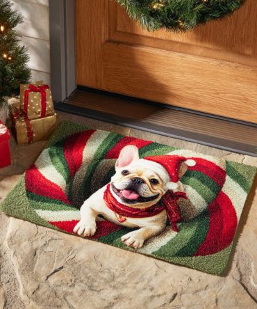 Jolly Bulldog Festive Doormat — Cheerful Bulldog With Santa Hat Welcome Mat, Durable Outdoor/Indoor Coir, Non-Slip Holiday Porch Accent