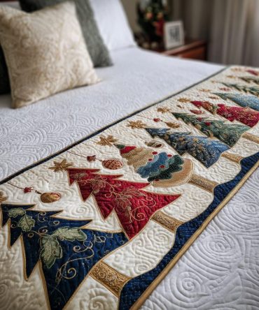 Jolly Forest Quilted Bed Runner For Holiday Cheer , Festive Evergreen Bed Scarf For Queen & King, Reversible, Easy Care