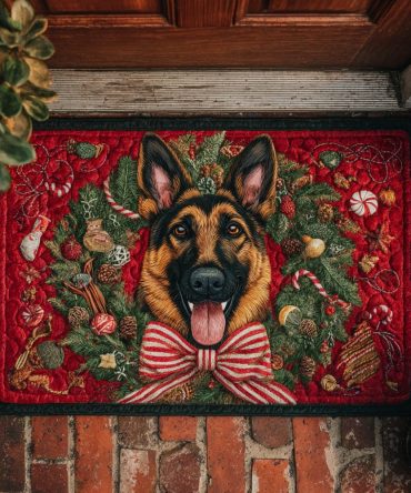 Jolly German Shepherd Holiday Doormat — Non-Slip Indoor/Outdoor Coir Mat, Cute Dog Lover Entryway Gift
