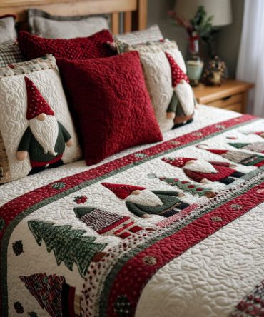 Jolly Gnomes Holiday Quilted Bed Scarf — Playful Christmas Bed Runner For Festive Bedrooms & Charming Winter Styling