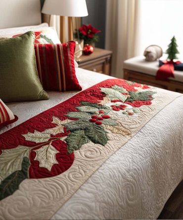 Holiday Red & Green Quilted Bed Runner — Vibrant Jolly Stripe Bed Scarf, Cozy Cotton-Blend Accent For Christmas Decorating