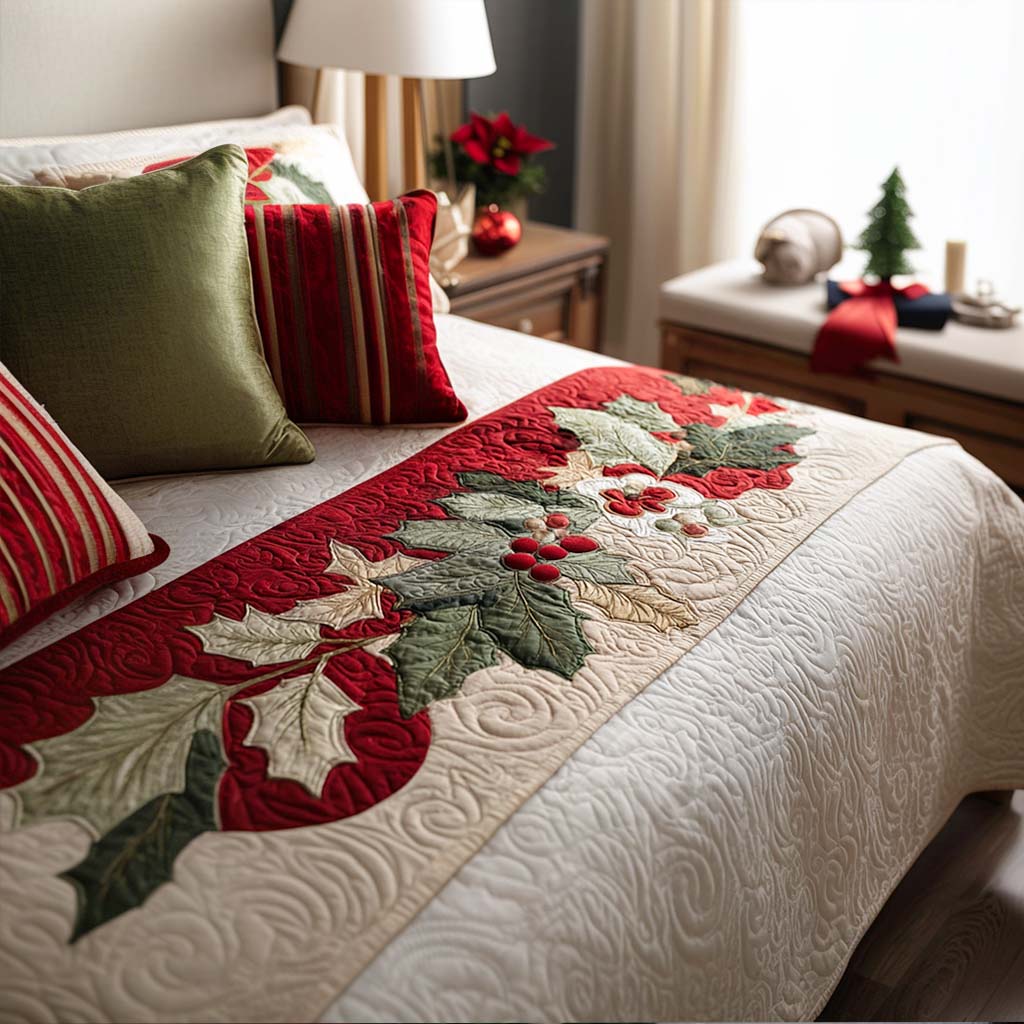 Holiday Red & Green Quilted Bed Runner — Vibrant Jolly Stripe Bed Scarf, Cozy Cotton-Blend Accent For Christmas Decorating