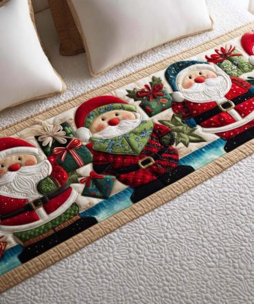 Jolly Santa Holiday Quilted Bed Runner — Festive Santa Claus Bed Scarf For Christmas Bedroom Decor, Soft Quilting, Gift-Ready