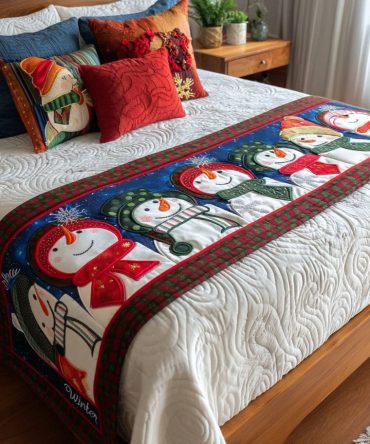 Jolly Snowman Holiday Quilted Bed Runner - Luxury Christmas Bedroom Accent, Plush Quilted Throw For Foot Of Bed, Festive Decor