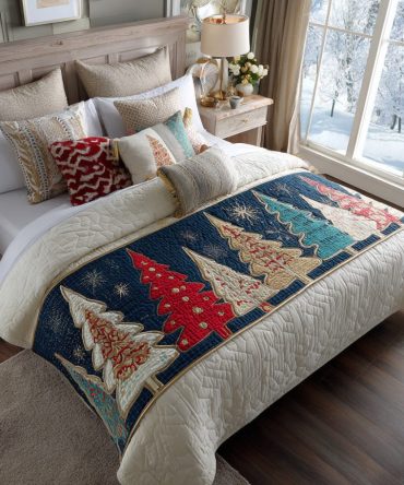 Whimsical Jolly Trees Quilted Bed Runner - Cheerful Holiday Bedding Accent, Cozy Quilted Footthrow To Elevate Christmas Bedroom Decor