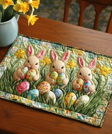 Joyful Bunny Quilted Dining Placemat — Cute Easter Bunny Table Protector, Kid-Friendly Quilted Decor for Spring Meals & Family Tables