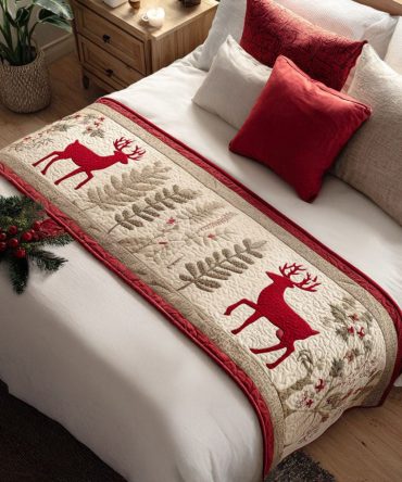 Joyful Hearth Quilted Bed Scarf — Warm Holiday Bedding Accent For Queen & King, Classic Red & Gold Seasonal Decor