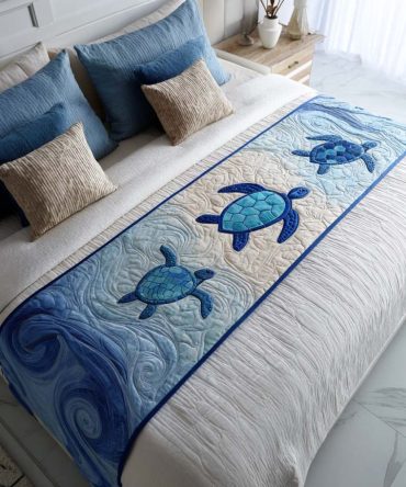 Ocean Tides Quilted Decorative Bed Scarf — Handcrafted Keeper Of The Tides Design, Soft Cotton, Reversible Accent For Queen & King Beds