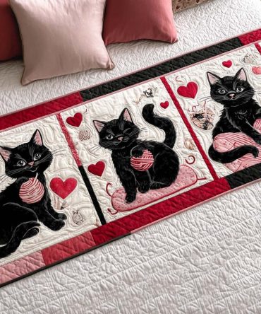 Valentine Kitty Quilted Bed Runner — Heart-Themed Decorative Bed Scarf, Cozy Romantic Accent For Bedrooms & Gift For Cat Lovers