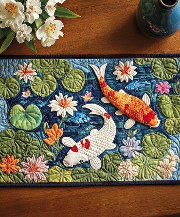 Handcrafted Koi Dream Quilted Mat — Colorful Fish Motif Table Protector, Double-Layer Insulation & Easy Care