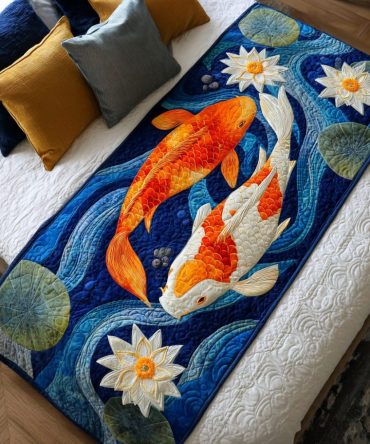 Koi Dreams Quilted Bed Runner – Elegant Asian-Inspired Bedding Accent, Reversible Cotton Blend For Queen & King Beds