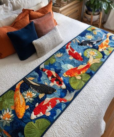 Koi Dreamy Quilted Bed Scarf — Dreamy Koi Pond Runner, Reversible Cotton-Blend Accent To Elevate Bedroom Ambiance, Soft And Machine Washable