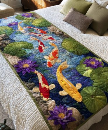 Koi Flow Quilted Bed Runner – Tranquil Koi Pond Design, Asian-Inspired Quilted Runner For Serene Bedroom Styling And Zen Home Decor