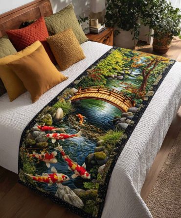 Koi Garden Quilted Runner — Botanical Koi & Water Lily Design, Luxury Cotton Bed And Sofa Accent For Coastal & Zen Décor