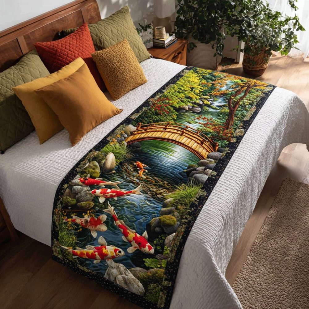Koi Garden Quilted Runner — Botanical Koi & Water Lily Design, Luxury Cotton Bed And Sofa Accent For Coastal & Zen Décor