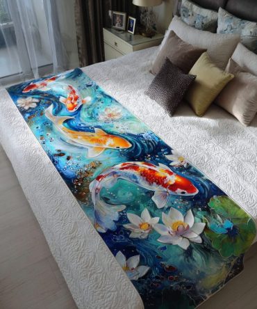 Koi Serenity Quilted Bed Runner — Serene Koi Artwork On Soft Quilted Cotton, Decorative Runner For Bedroom, Bench Or Sofa