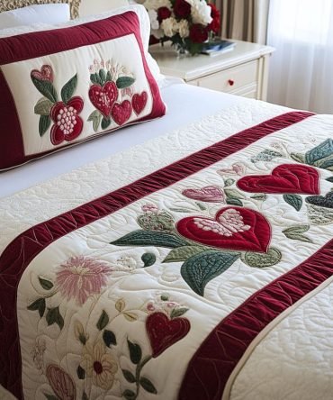 Lace Hearts Quilted Bed Runner — Delicate Lace-Inspired Heart Bed Scarf For Feminine Bedroom Decor, Quilted Accent With Vintage Charm