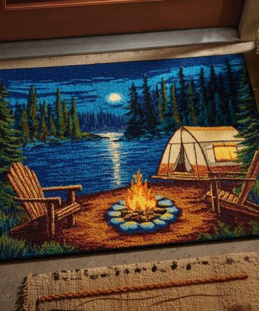 Lakeside Camp Welcome Mat - Adventure Campsite Doormat With Lake & Cabin Artwork, Coir Rug For Porch, Indoor/Outdoor, Weatherproof