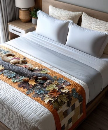 Leafy Squirrel Delight Quilted Bed Scarf For Queen & King — Autumn Leaf & Squirrel Bedding Accent, Soft Quilting, Rustic Style