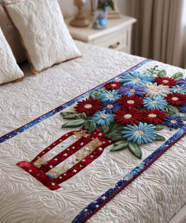 Liberty Blossom Reversible Quilted Bed Scarf — Patriotic Floral Statement Piece For Beds, Lightweight & Machine Washable