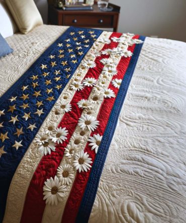Liberty Petals Quilted Bed Scarf — Elegant American Floral Accent For 4Th Of July, Patriotic Bedrooms & Cottage Decor Styling