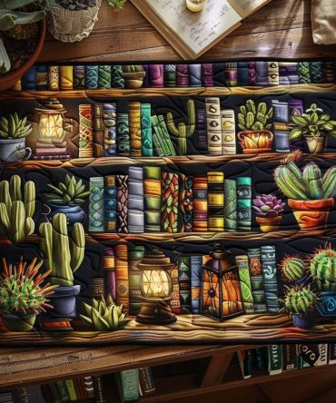 Library Cactus Quilted Placemat — Bookish Cactus Table Decor, 12X18 Cotton Quilted Mat For Cozy Reading Nooks & Rustic Dining