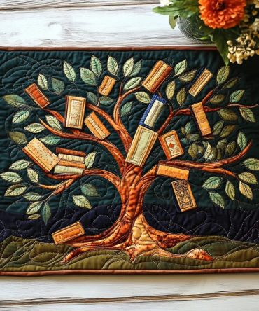 Vintage Library Tree Quilted Placemat - Classic Book-Themed Table Mat in Cotton-Blend, Protective & Machine Washable, Ideal for Book Lovers