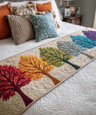 Life Roots Organic-Inspired Quilted Bed Runner — Earthy Botanical Design, Natural Cotton Bed Scarf For Eco-Friendly Bedrooms, Reversible