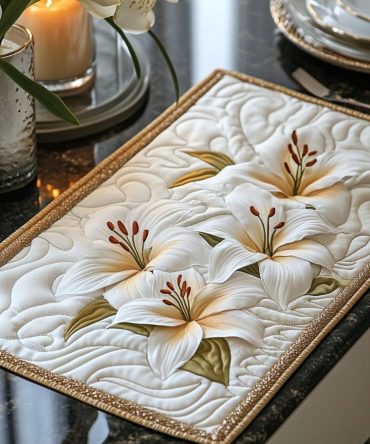 Lilies Charm Quilted Placemat — Elegant Lily Floral Table Mat, Quilted Cotton Blend, Protective & Machine Washable for Refined Table Settings