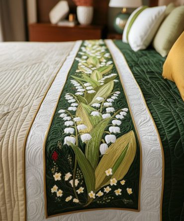Lily Of The Valley Quilted Bed Runner — Elegant Floral Bed Scarf With Subtle White Lily Motif, Soft Cotton-Blend, Machine Washable