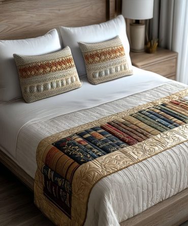 Literary Escape Modern Quilted Bed Runner — Chic Neutral Bed Scarf For Book Lovers, Cotton Blend, Adds Cozy Texture To Living Spaces
