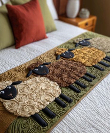 Little Lambs Quilted Bed Runner — Cute Lamb Motif Decorative Throw, Cozy Accent For Nursery, Kids Bed & Bench Seating