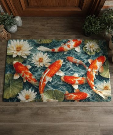 Lotus Koi Coir Welcome Mat - Elegant Garden Doormat, Outdoor/Indoor Waterproof-Style Mat With Koi Fish & Lotus Design For Tranquil Entrances