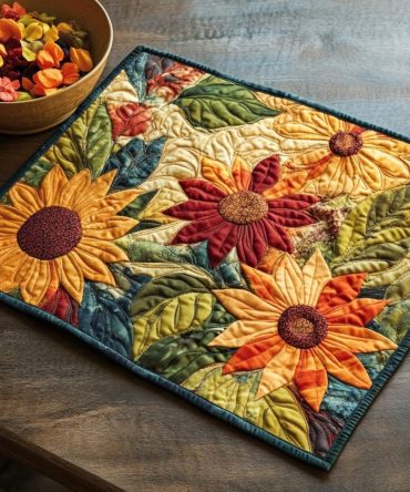 Cheerful Sunflower Quilted Placemat — Bright Floral Table Mat, Rustic Country Kitchen Decor, Machine-Washable Dining Accent