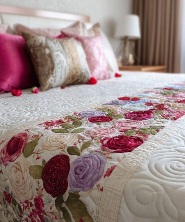 Love Bouquet Quilted Bed Runner — Elegant Floral Heart Bed Scarf For Romantic Bedroom Makeovers, Quilted Accent Layer With Soft Texture