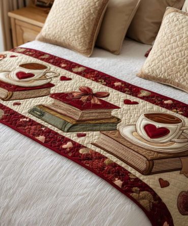 Love Chapters Quilted Bed Runner — Elegant Bookish Heart Design, Soft Quilting For Stylish Bedroom Accents