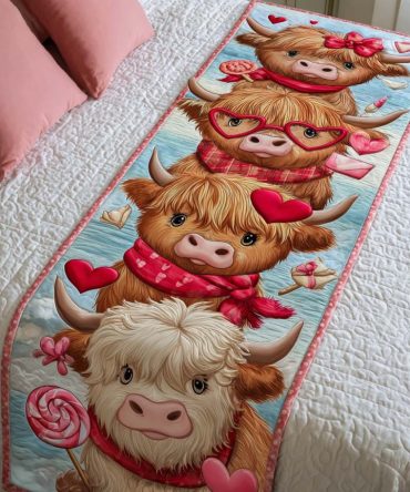 Love Moo Moments Quilted Bed Runner - Cute Cow-Themed Quilted Bed Scarf For Playful Bedroom Styling , Decorative Throw For Kids & Farmhouse Looks