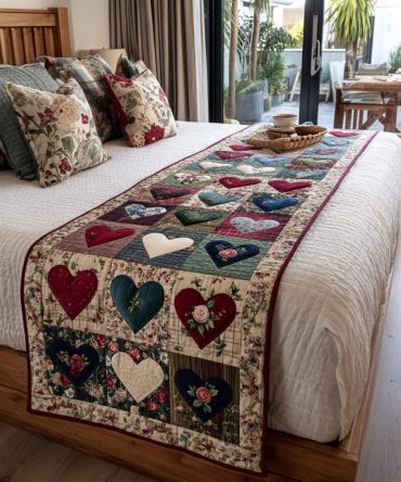 Love Patch Quilted Bed Runner — Patchwork Heart & Floral Bed Scarf For Cozy Layered Styling, Durable Cotton Blend