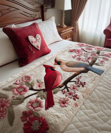 Lovebird Harmony Quilted Bed Runner - Romantic Bird & Floral Bed Scarf For Queen & King Beds, Decorative Bedding Accent