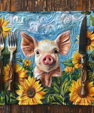 Sunflower & Pig Quilted Placemat — Whimsical Country Table Mat with Bright Sunflower Prints, Durable Stitching and Easy-Care Fabric