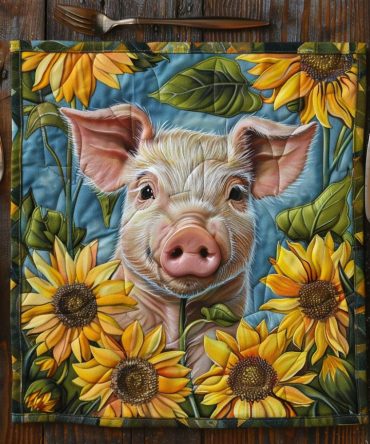 Whimsical Sunflower Pig Quilted Placemats - Cheerful Farmhouse Table Mats, Stain-Resistant Cotton Blend, Machine-Washable Gift-Ready