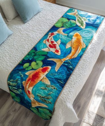 Lucky Koi Quilted Bed Scarf — Asian-Inspired Koi Fish Runner, Reversible Cotton-Blend Accent To Create Zen Bedroom Vibes, Machine Washable