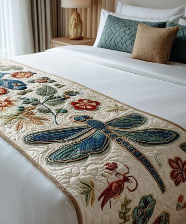 Luminous Dragonfly Quilted Bed Runner — Elegant Insect Motif Bed Scarf, Boho-Chic Bedroom Accent, Quilted, Reversible, Easy Care